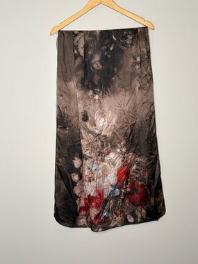 Floral Accent Black & Brown Lightweight Women's Silk Scarf 25”x70”